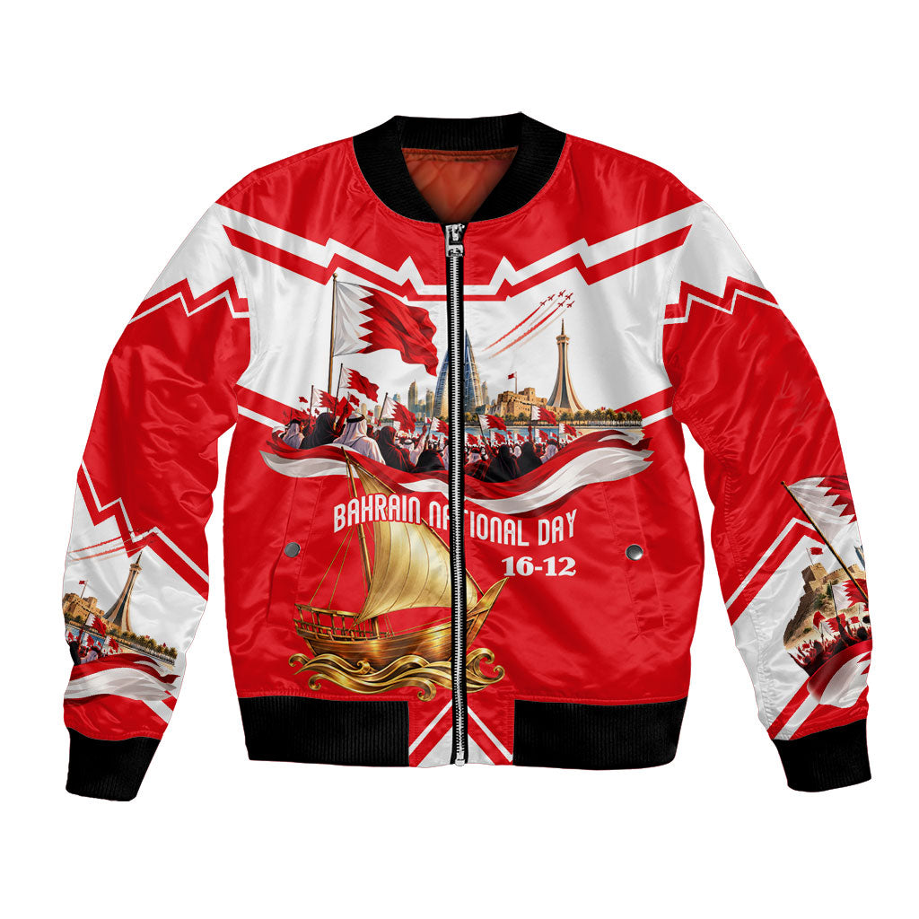 Bahrain National Day Bomber Jacket Cultural Flag Emblem Vintage Collage