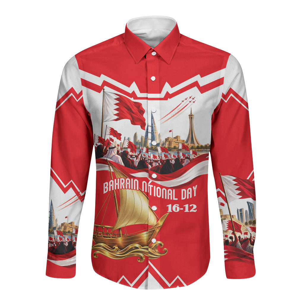 Bahrain National Day Long Sleeve Button Shirt Cultural Flag Emblem Vintage Collage