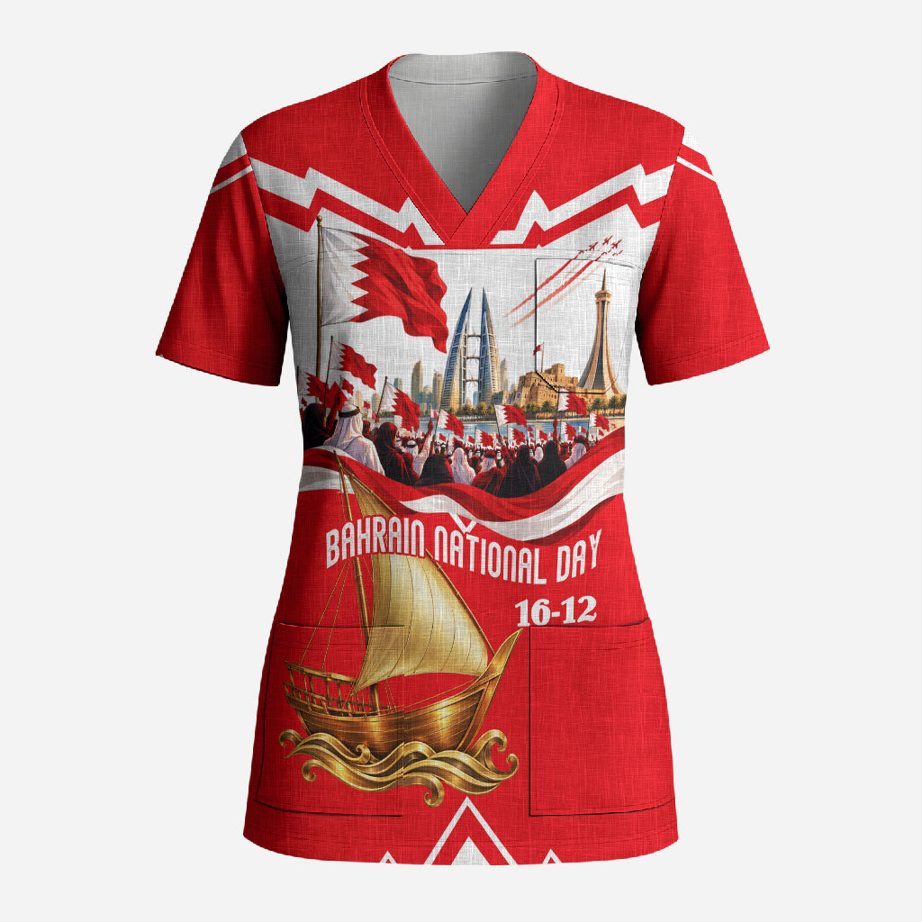 Bahrain National Day Scrub Top Cultural Flag Emblem Vintage Collage
