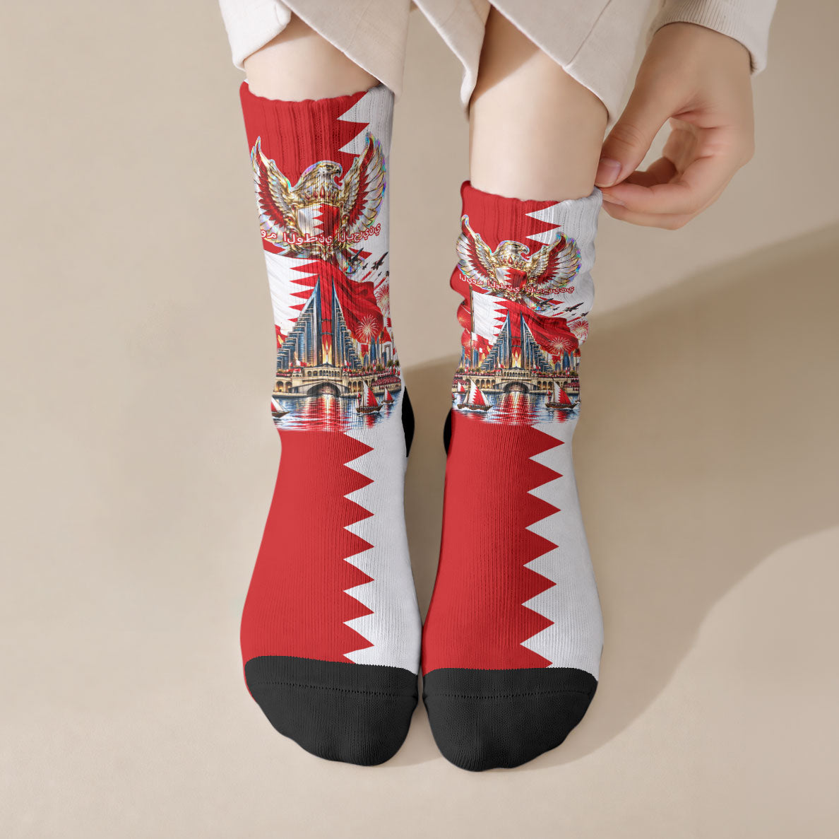 Bahrain National Day Crew Socks Cultural Emblem Flag Horse Knight