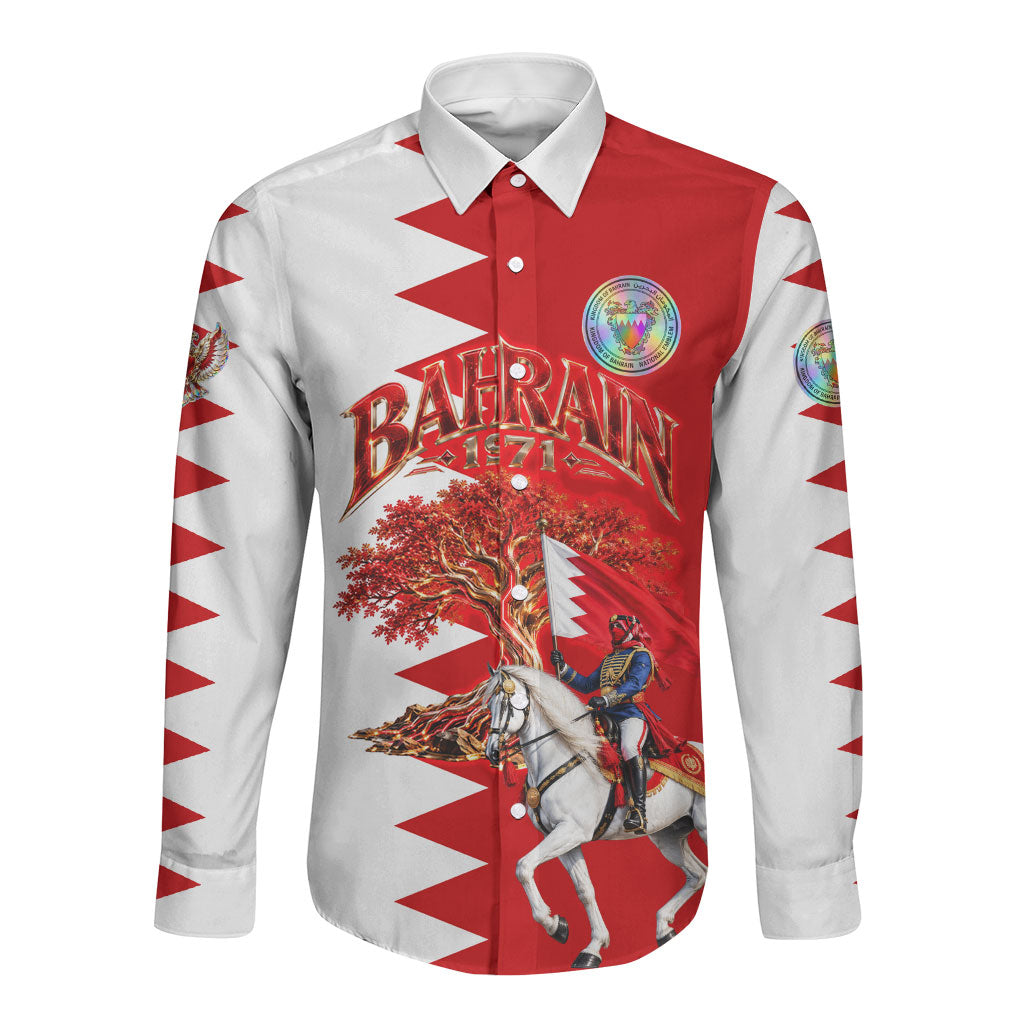 Bahrain National Day Long Sleeve Button Shirt Cultural Emblem Flag Horse Knight