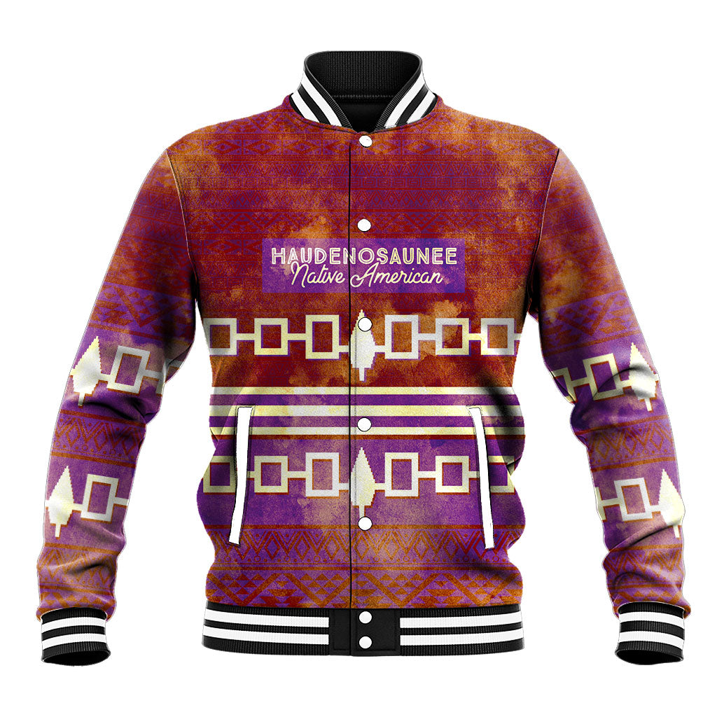 Proud Haudenosaunee Native American Baseball Jacket Iroquois Belt Pattern Vintage Tribal Graphic Art