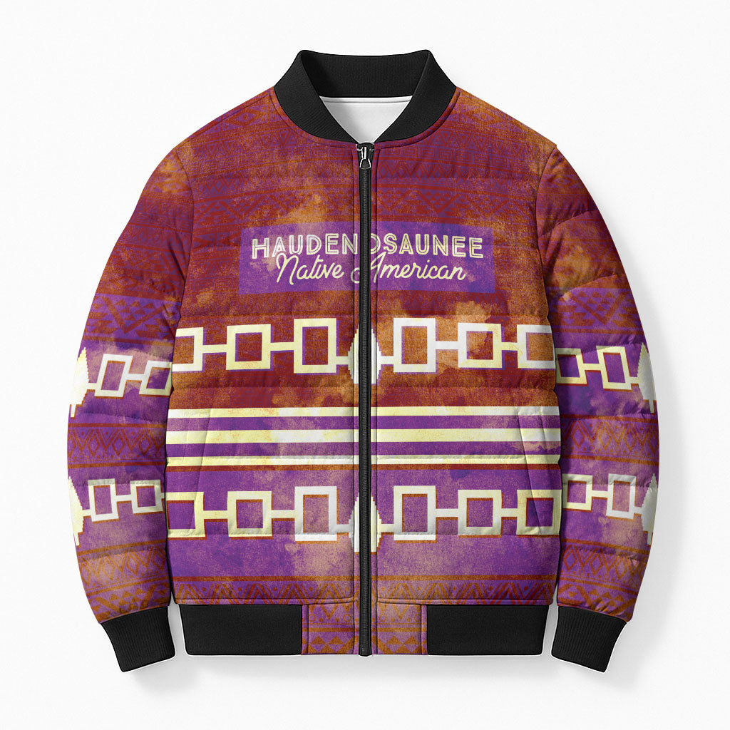 Proud Haudenosaunee Native American Bomber Puffer Jacket Iroquois Belt Pattern Vintage Tribal Graphic Art