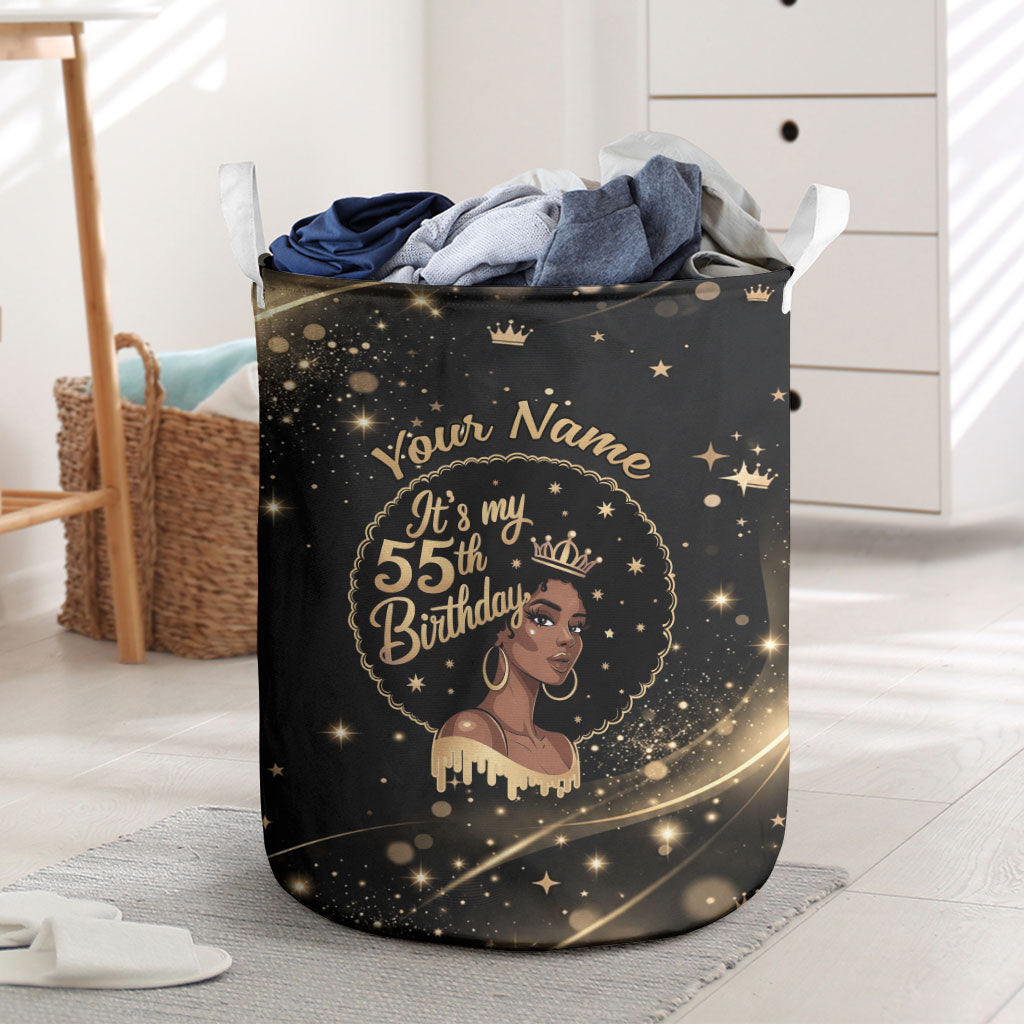 Personalized African Queen 55th Birthday Laundry Basket Black Yellow Glitter Sparkle Afro Crown Glam Art