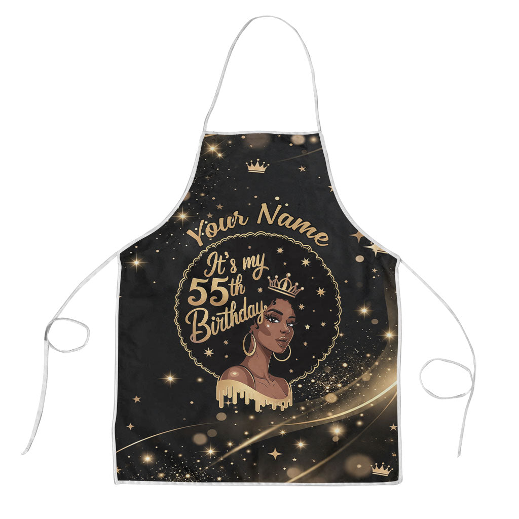 Personalized African Queen 55th Birthday Apron Black Yellow Glitter Sparkle Afro Crown Glam Art