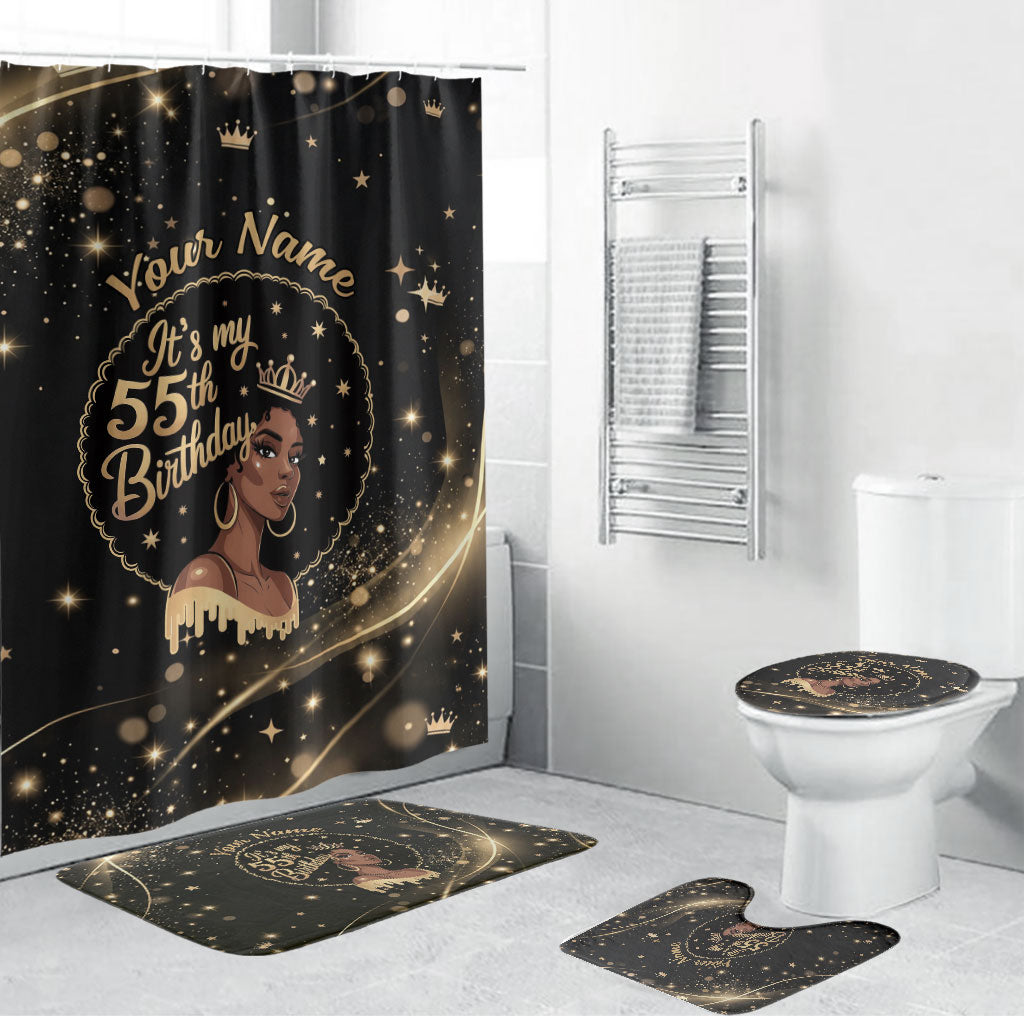 Personalized African Queen 55th Birthday Bathroom Set Black Yellow Glitter Sparkle Afro Crown Glam Art