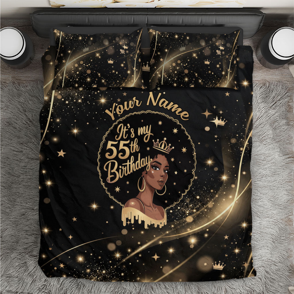 Personalized African Queen 55th Birthday Bedding Set Black Yellow Glitter Sparkle Afro Crown Glam Art