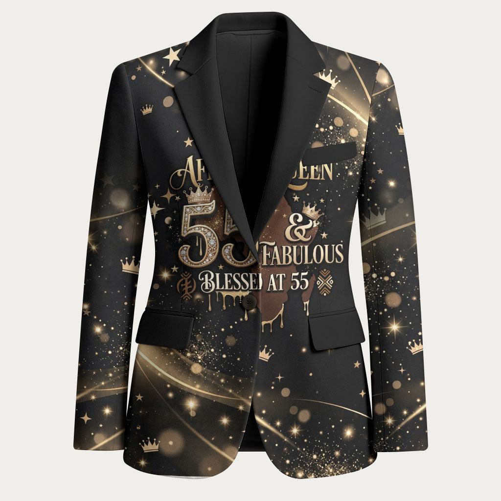 Personalized African Queen 55th Birthday Blazer Black Yellow Glitter Sparkle Afro Crown Glam Art