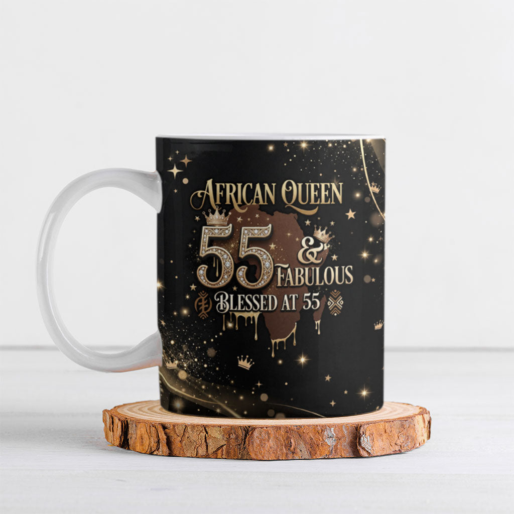 Personalized African Queen 55th Birthday Ceramic Mug Black Yellow Glitter Sparkle Afro Crown Glam Art