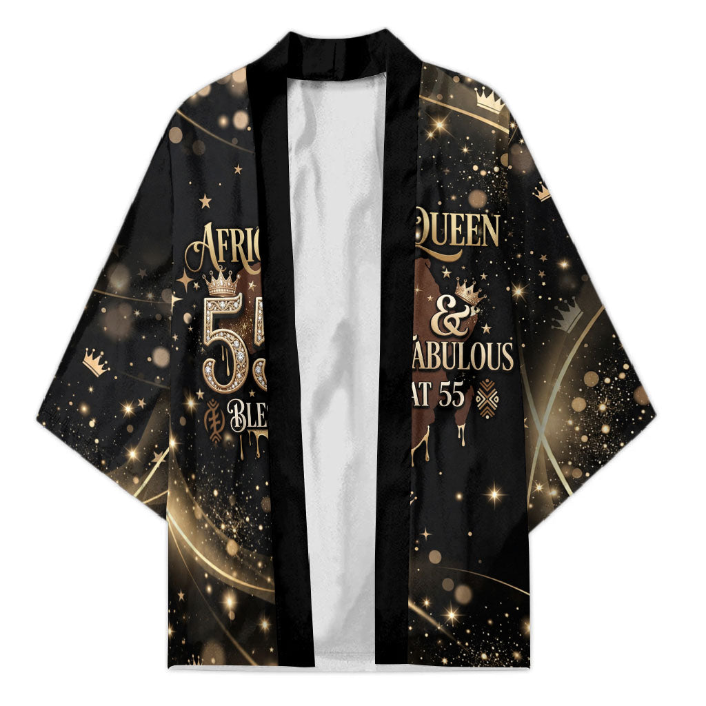Personalized African Queen 55th Birthday Kimono Black Yellow Glitter Sparkle Afro Crown Glam Art