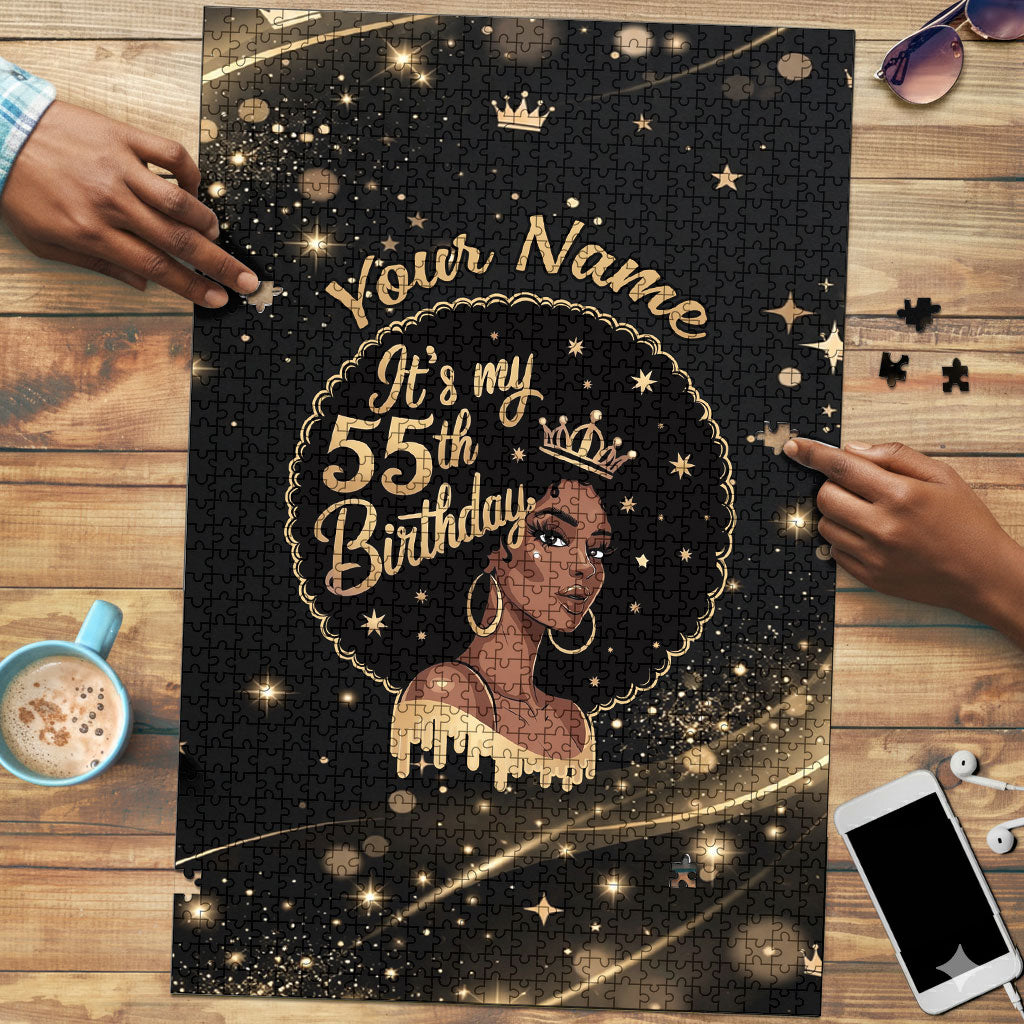 Personalized African Queen 55th Birthday Puzzle Black Yellow Glitter Sparkle Afro Crown Glam Art