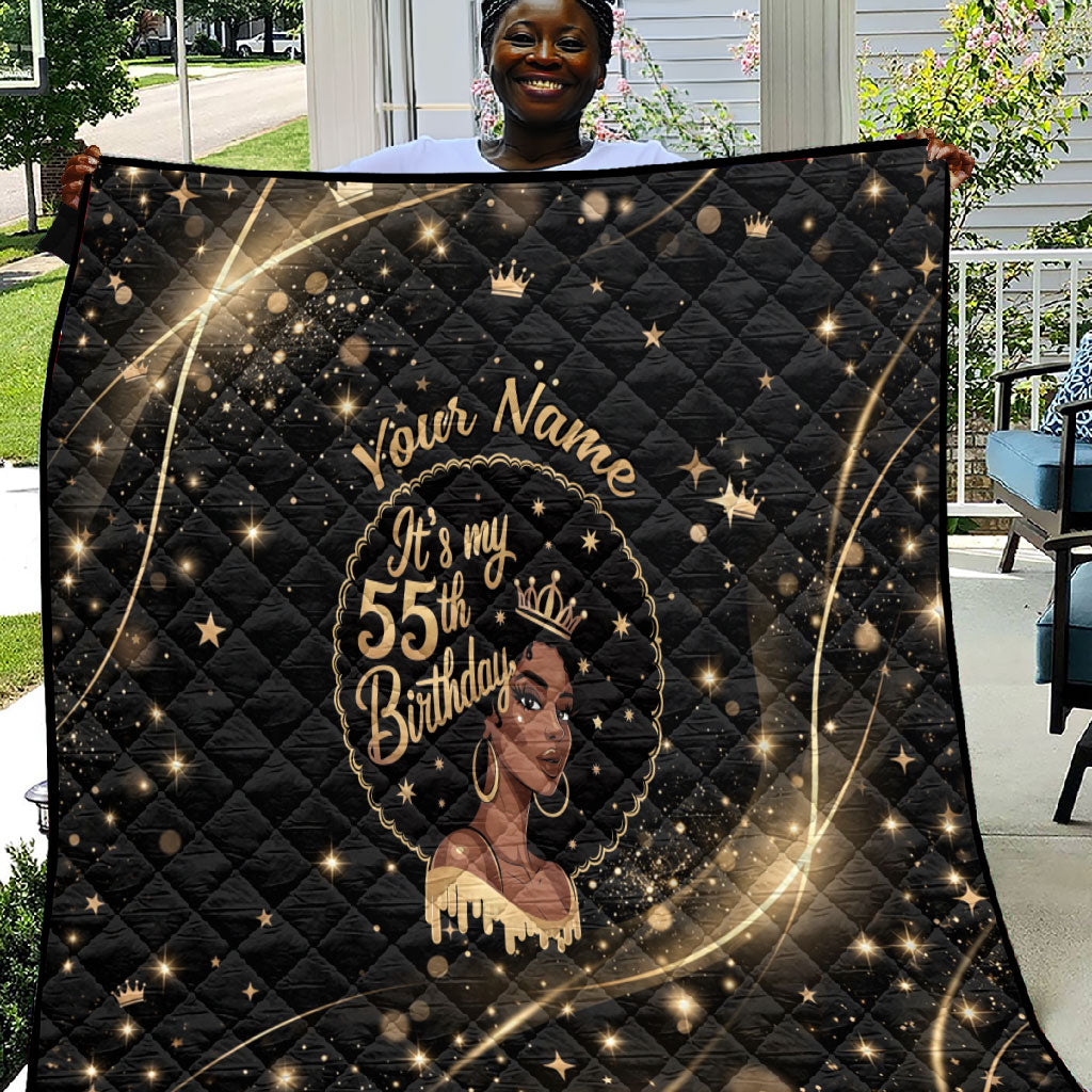 Personalized African Queen 55th Birthday Quilt Black Yellow Glitter Sparkle Afro Crown Glam Art