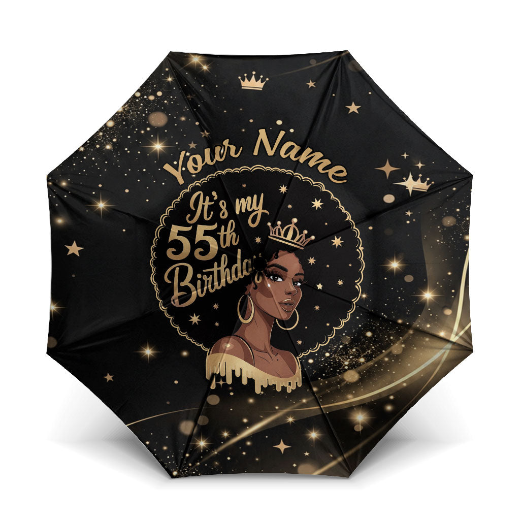 Personalized African Queen 55th Birthday Umbrella Black Yellow Glitter Sparkle Afro Crown Glam Art