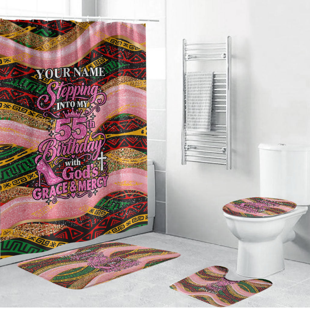 Personalized African Queen Stepping Into My 55th Birthday Bathroom Set Pink Sparkle Glitter Tribal Kente