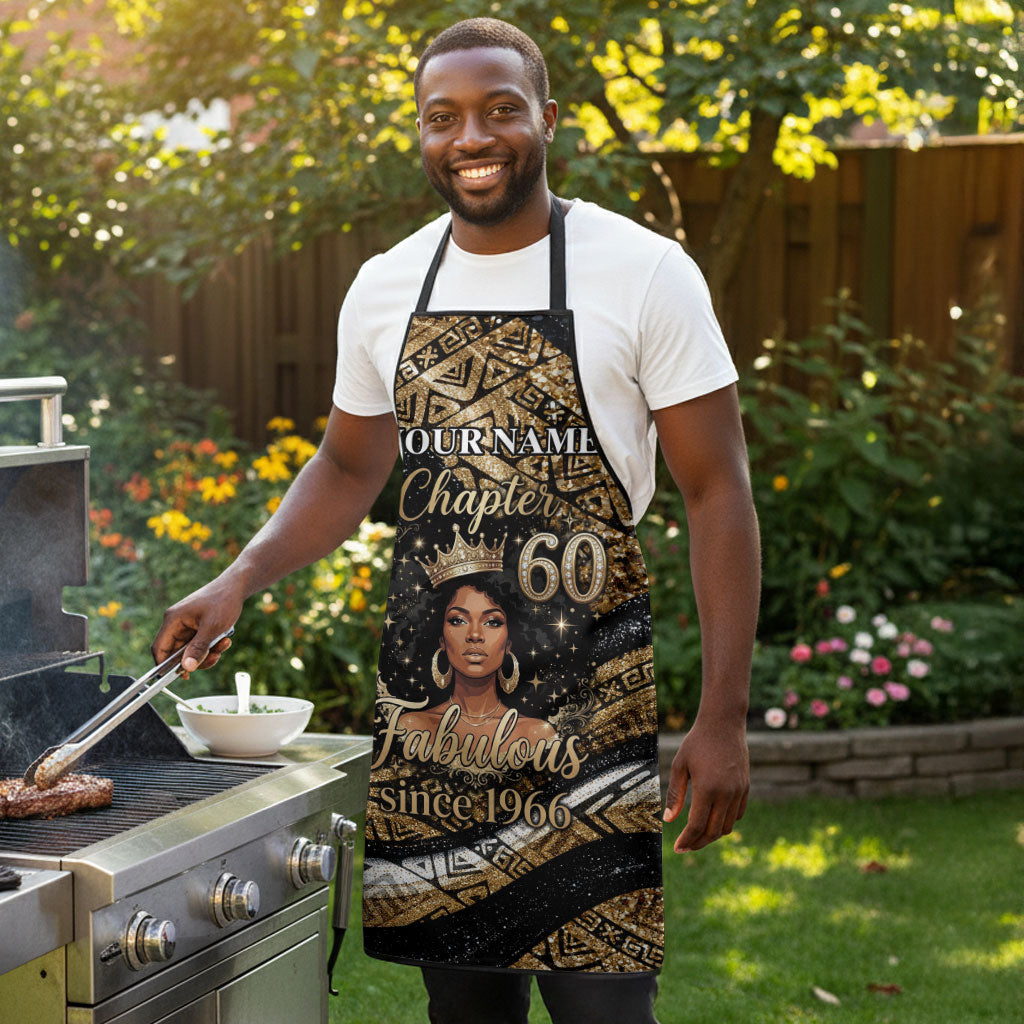 Personalized African Queen 60th Birthday Apron Gold Glitter Afro Crown - Chapter 60 Black Excellence