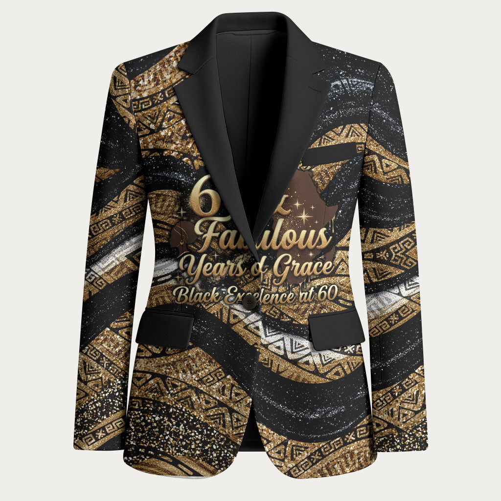 Personalized African Queen 60th Birthday Blazer Gold Glitter Afro Crown - Chapter 60 Black Excellence