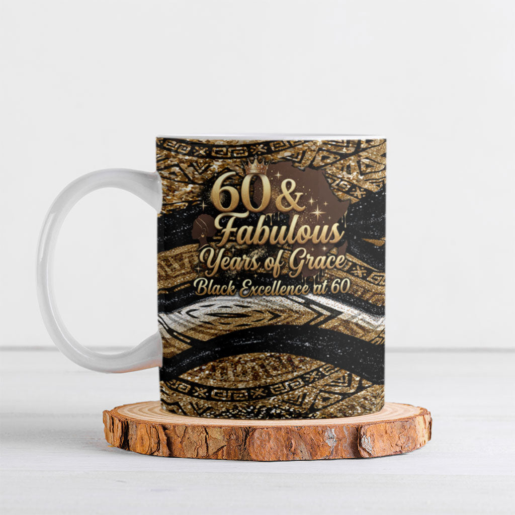 Personalized African Queen 60th Birthday Ceramic Mug Gold Glitter Afro Crown - Chapter 60 Black Excellence