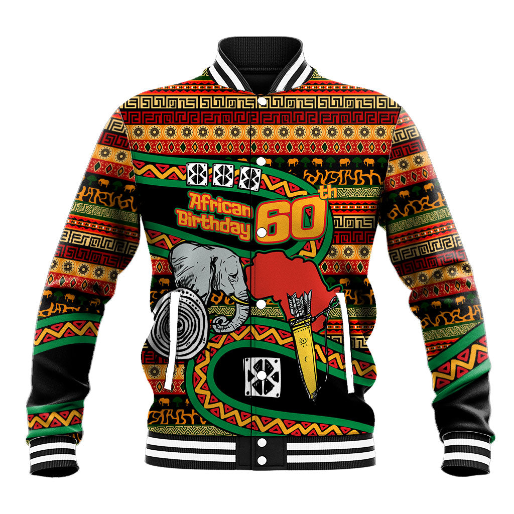 Personalized African 60th Birthday Baseball Jacket Traditional Tribal Pattern Elephant Mask Art