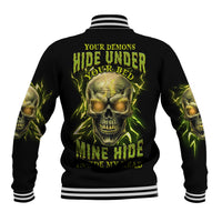 Black baseball jacket with neon green skull graphic and ribbed striped collar
