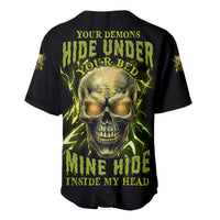 Black baseball jersey with neon green skull graphic and bold text on back