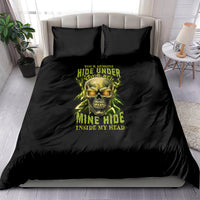 Black duvet bedding set with neon skull graphic and 'Mine Hide Inside My Head'.