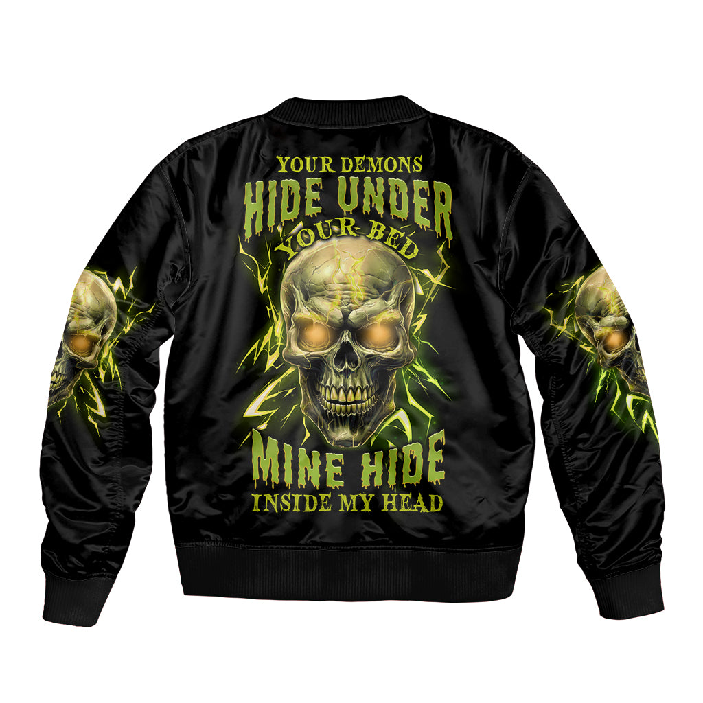 Black unisex bomber jacket with neon green skull graphic on back