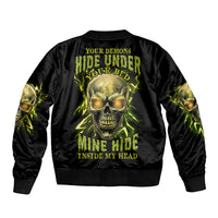 Black unisex bomber jacket with neon green skull graphic on back