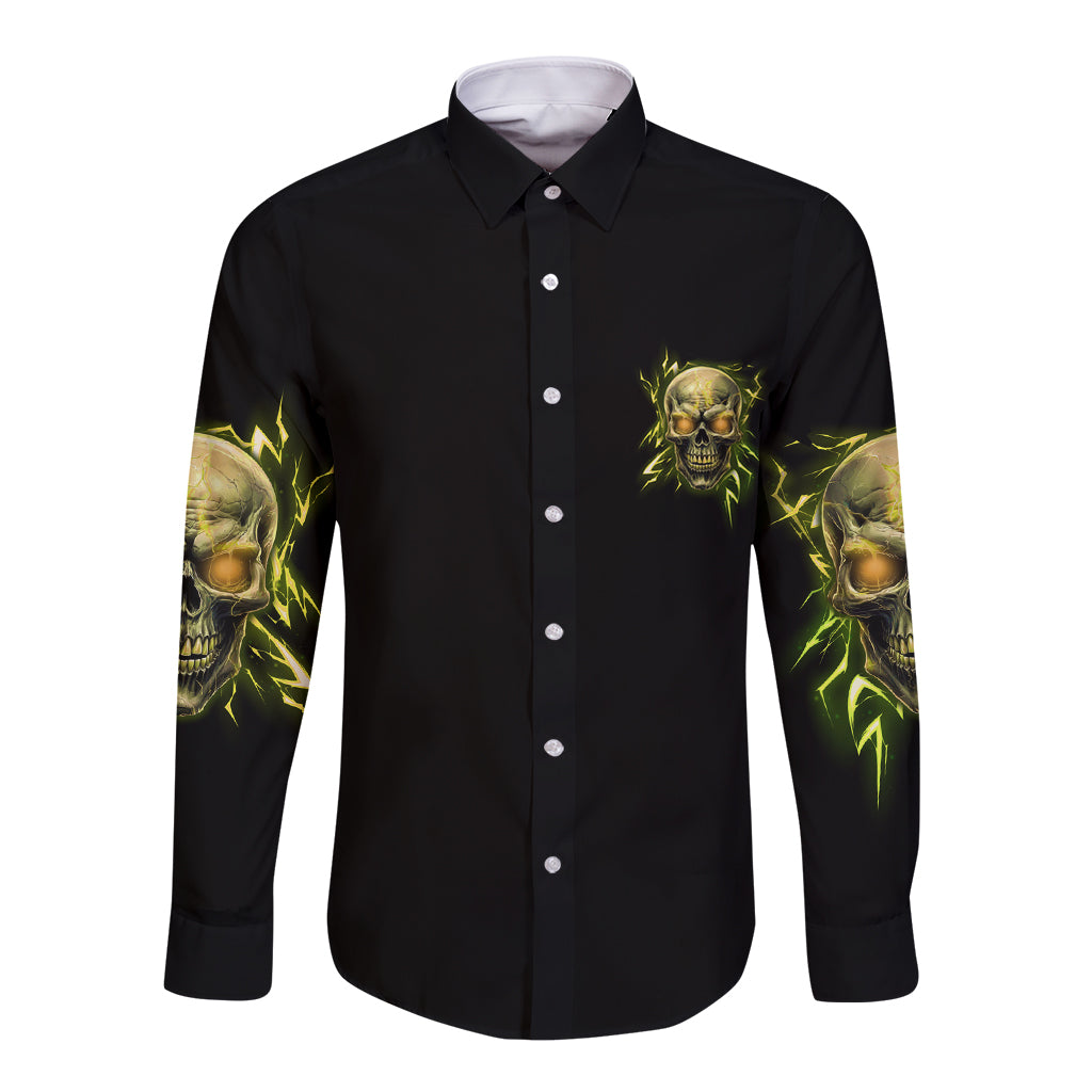 Black long-sleeve button shirt with neon skull graphic on front chest and sleeves