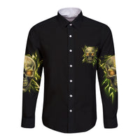 Black long-sleeve button shirt with neon skull graphic on front chest and sleeves