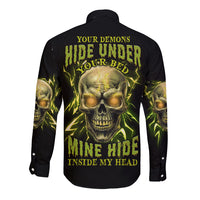 Black long-sleeve button shirt with neon skull graphic on back