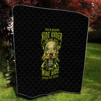 Black quilt with neon skull and glow text graphic, quilted diamond pattern