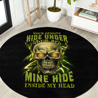Round black carpet rug featuring neon green skull and warning-style lettering