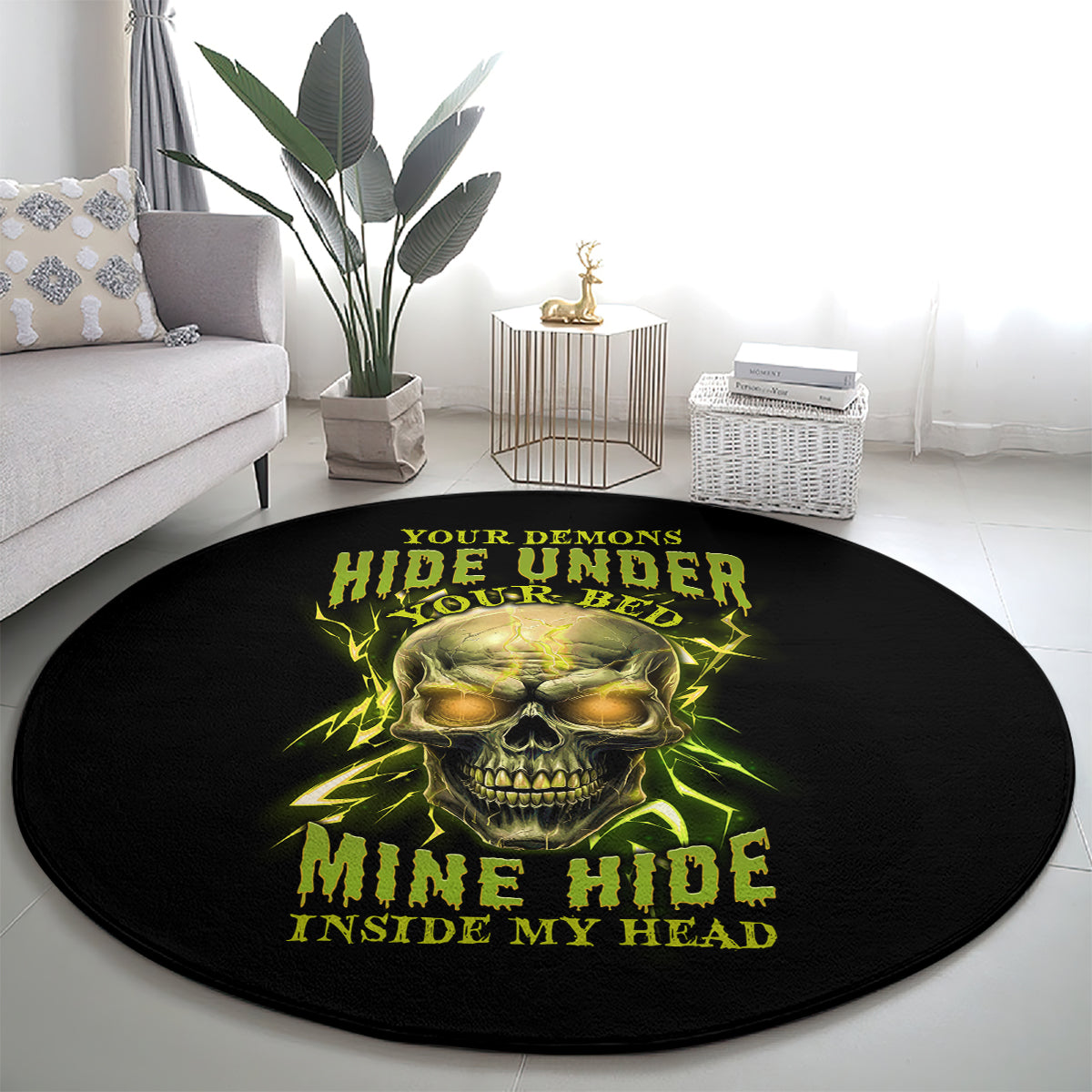 Round black rug with glowing neon green skull face and bold text artwork