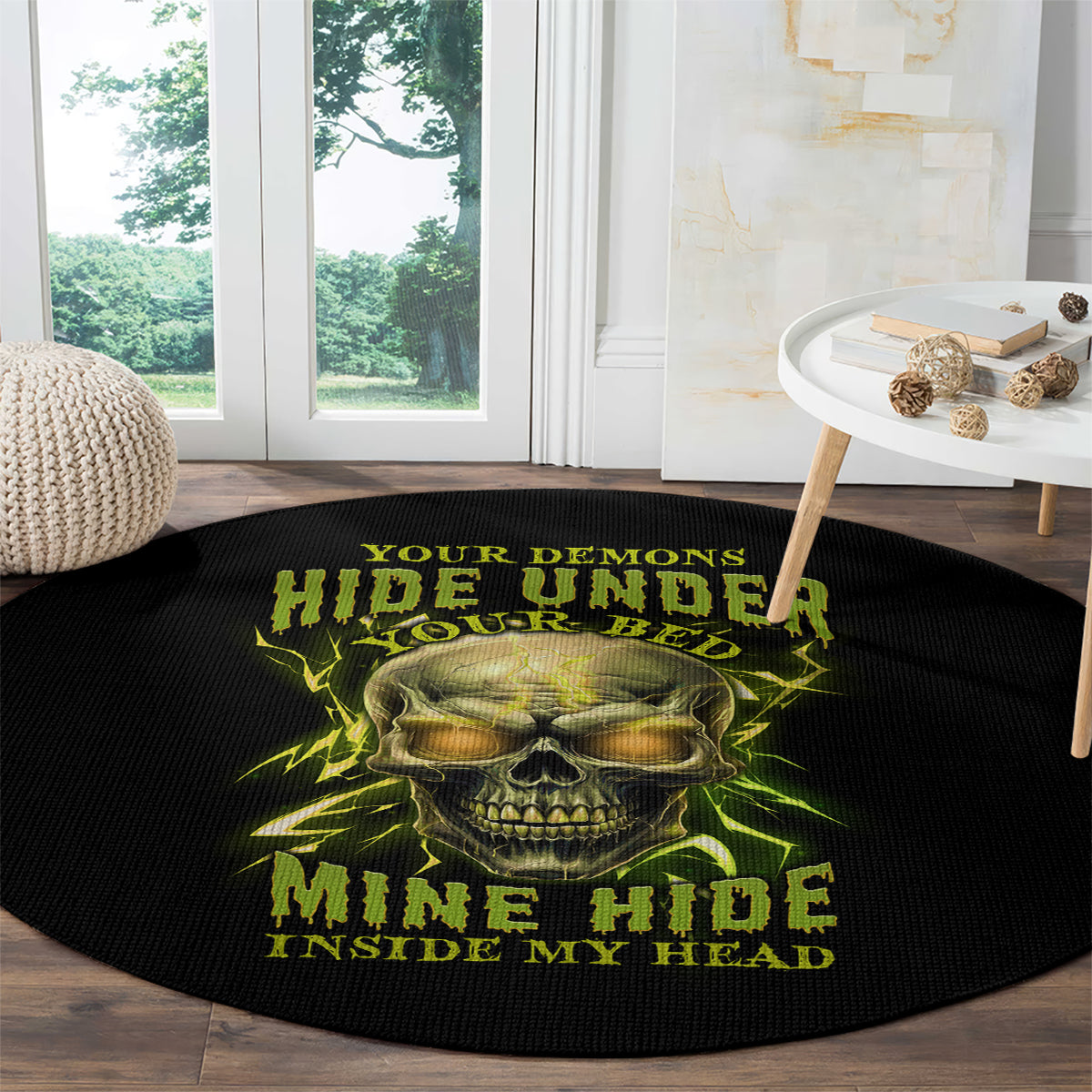 Round black area rug with neon green skull, burst lines, and layered text