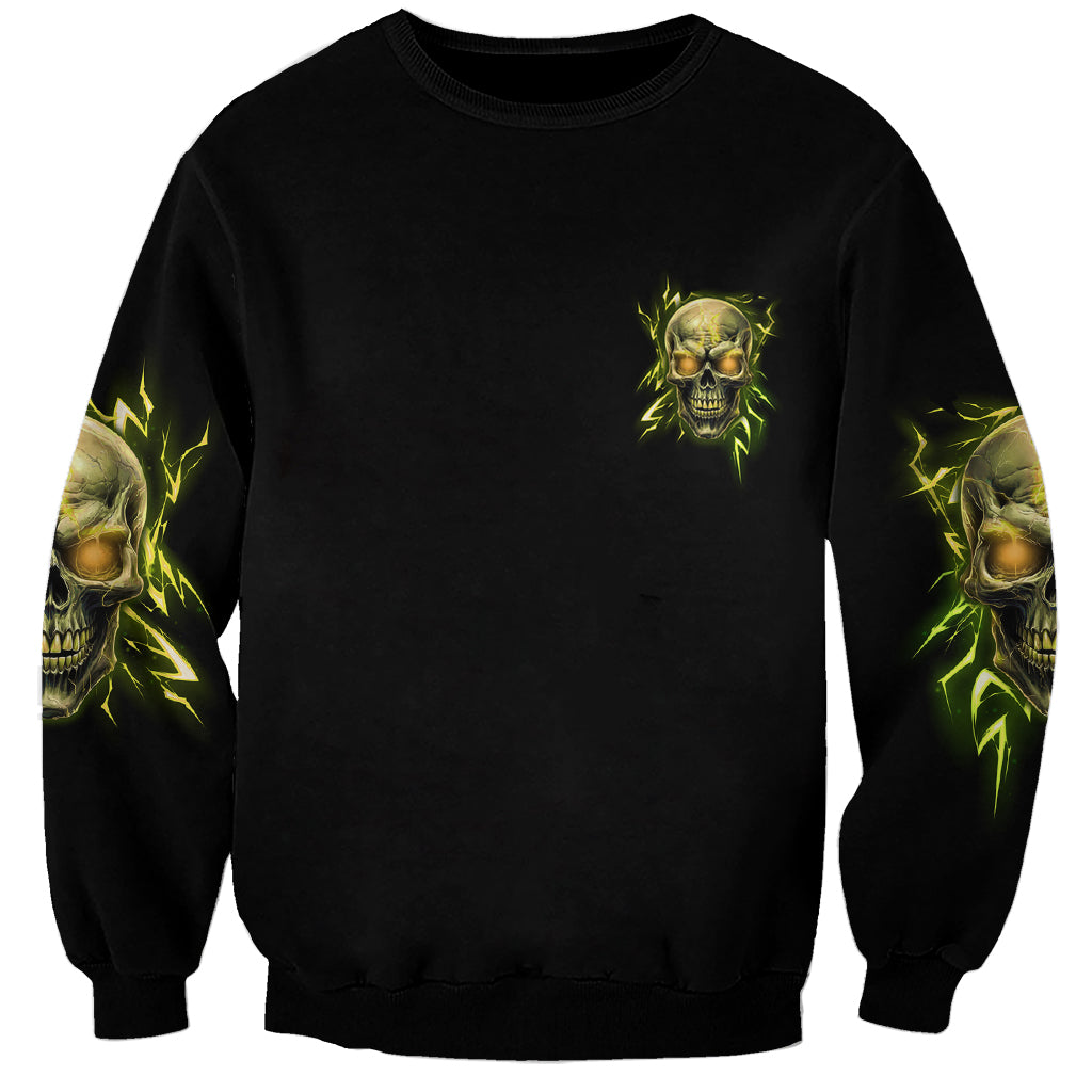 Black unisex crewneck sweatshirt with small neon green skull on chest and sleeve prints
