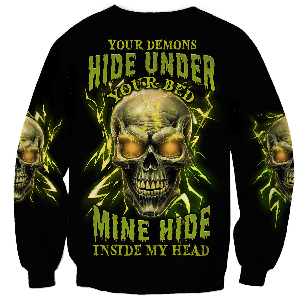 Black unisex crewneck sweatshirt with neon green skull and lightning graphic