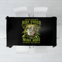 Black rectangular tablecloth with neon green horror text and skull front design