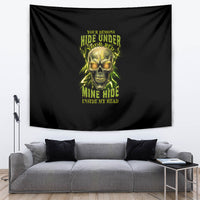 Black wall tapestry with neon green skull graphic and bold lettering