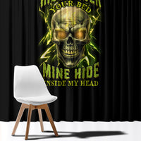 Black window curtain with neon green skull graphic and dark text design.
