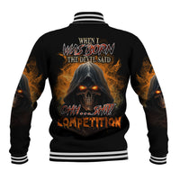 Black fire graphic baseball jacket with striped ribbed collar and cuffs