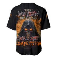 Black fire graphic baseball jersey with skull hood design on front