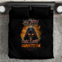 Black duvet bedding set with flaming reaper skull graphic and two matching pillowcases