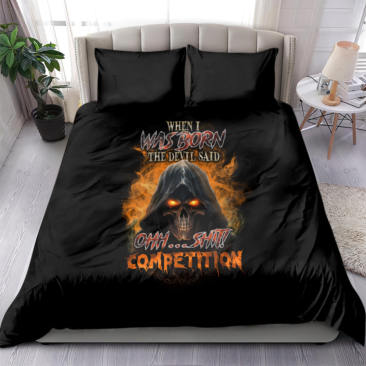 Black reaper graphic bedding set with flaming skull and stylized text