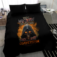 Black bedding set with flaming reaper skull print on duvet and two pillowcases
