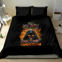 Black reaper fire bedding set with flaming skull graphic and two pillowcases