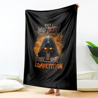 Black reaper throw blanket with hooded skull, orange flames, “Ohh… Shut” and “competition”