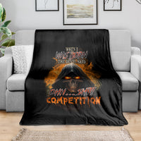 Black reaper graphic throw blanket with skull in flames and “competition” text