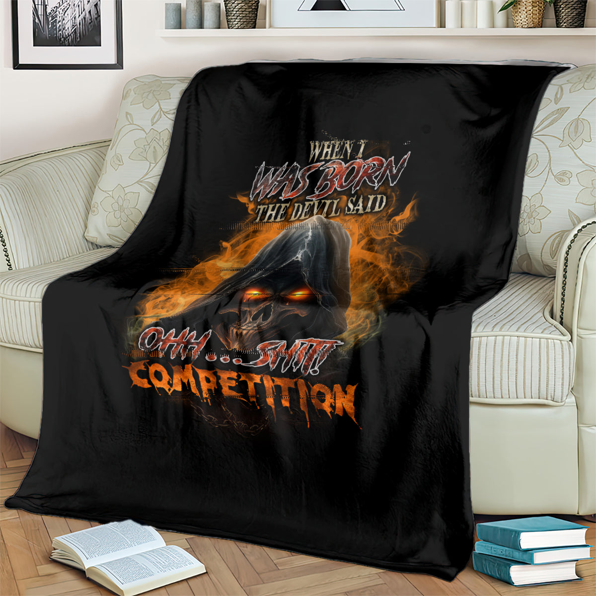 Black reaper throw blanket with hooded skull, orange flames, “competition” slogan