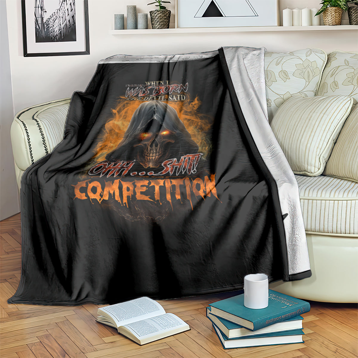 Black and gray reaper fire blanket, skull and flames graphic with “competition” text