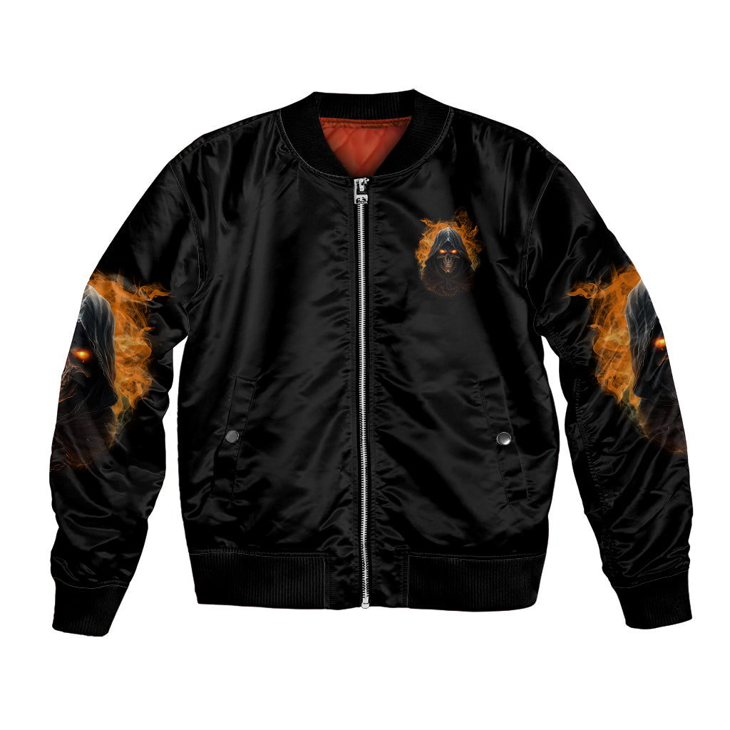 Black bomber jacket with front zipper and flame skull graphic, orange lining